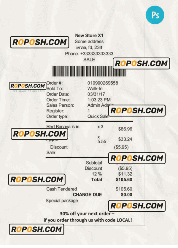 NEW STORE payment receipt PSD template