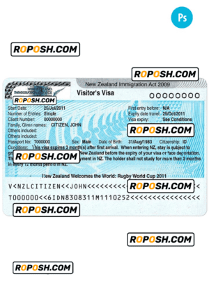 New Zealand tourist entry visa PSD template, with fonts
