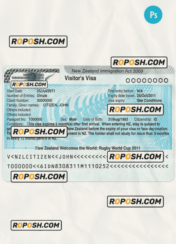 New Zealand tourist entry visa PSD template, with fonts