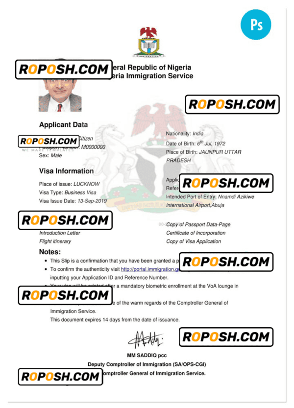 NIGERIA electronic travel visa PSD template, completely editable, with fonts