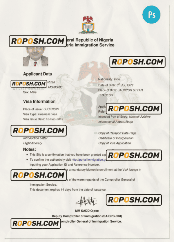 NIGERIA electronic travel visa PSD template, completely editable, with fonts