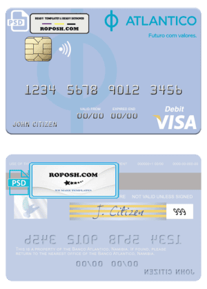 Namibia Banco Atlantico visa debit card, fully editable template in PSD format