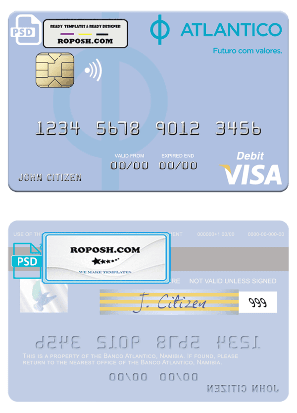Namibia Banco Atlantico visa debit card, fully editable template in PSD format