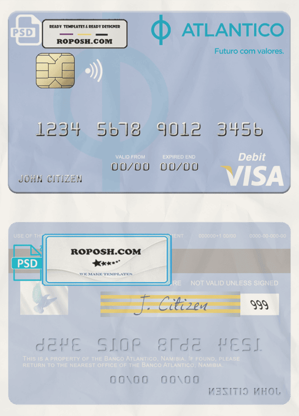 Namibia Banco Atlantico visa debit card, fully editable template in PSD format