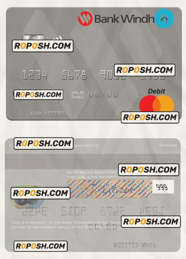 Namibia Bank Windhoek Limited mastercard credit card, fully editable template in PSD format