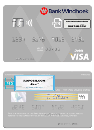 Namibia Bank Windhoek Limited visa debit card, fully editable template in PSD format