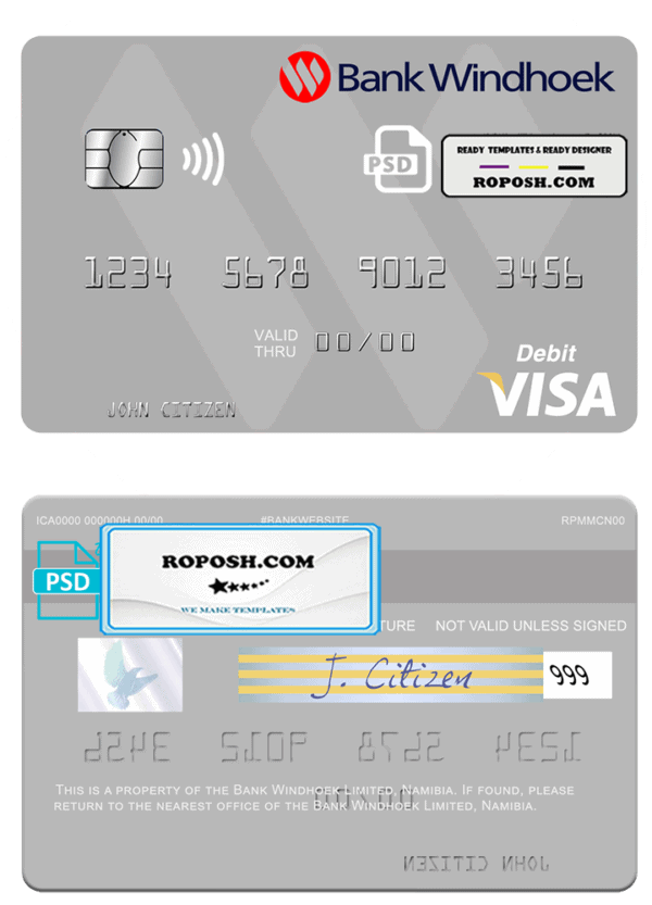 Namibia Bank Windhoek Limited visa debit card, fully editable template in PSD format