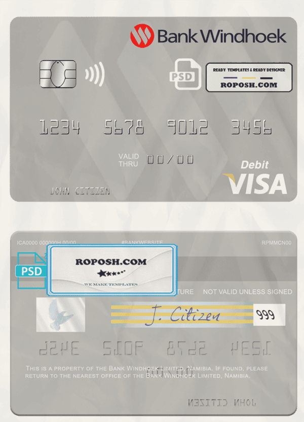 Namibia Bank Windhoek Limited visa debit card, fully editable template in PSD format