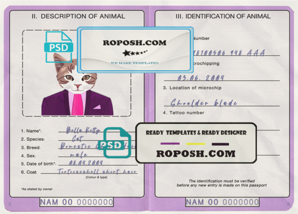 Namibia cat (animal, pet) passport PSD template, fully editable scan effect