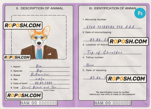 Namibia dog (animal, pet) passport PSD template, fully editable