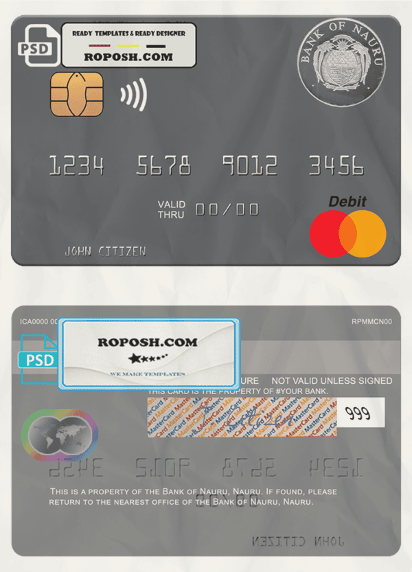 Nauru Bank of Nauru mastercard, fully editable template in PSD format