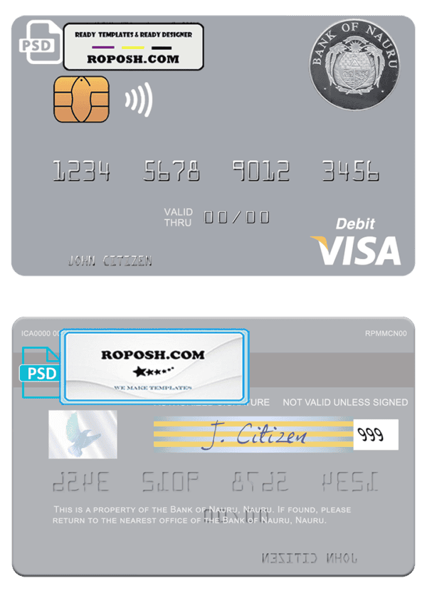 Nauru Bank of Nauru visa debit card, fully editable template in PSD format