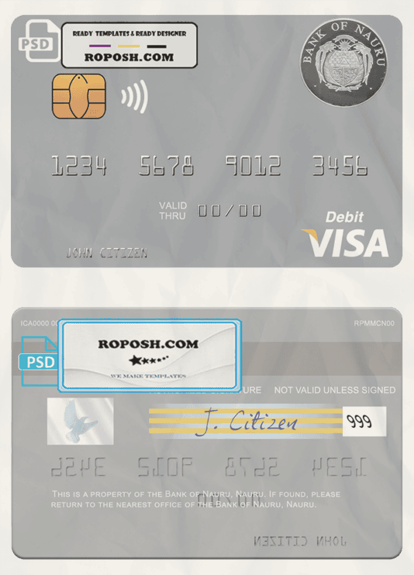 Nauru Bank of Nauru visa debit card, fully editable template in PSD format