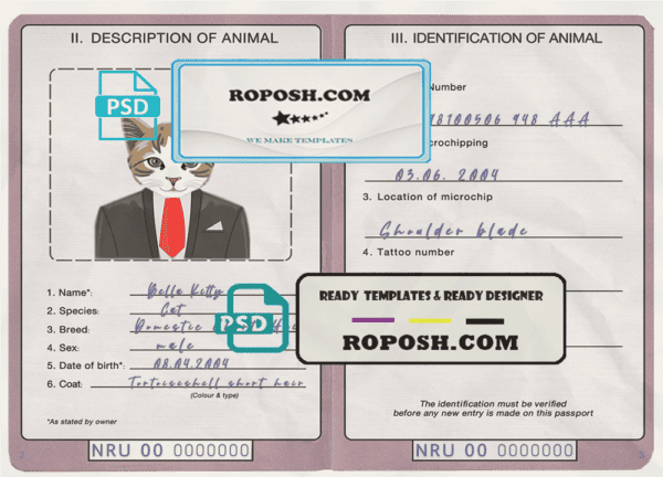 Nepal cat (animal, pet) passport PSD template, fully editable