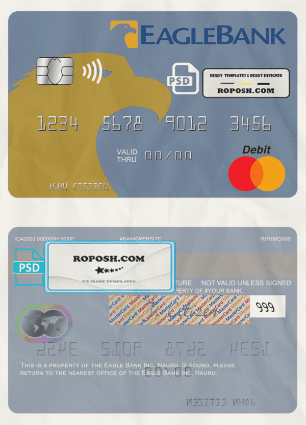 Nauru Eagle Bank Inc mastercard, fully editable template in PSD format
