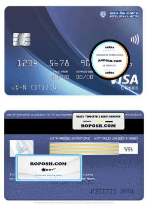 Nepal bank Nepal visa classic card, fully editable template in PSD format