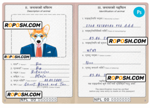 Nepal dog (animal, pet) passport PSD template, fully editable