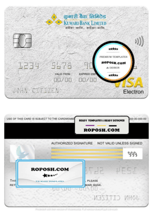 Nepal Kumari bank visa electron card, fully editable template in PSD format