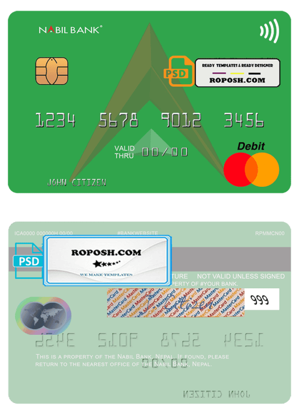 Nepal Nabil bank mastercard, fully editable template in PSD format
