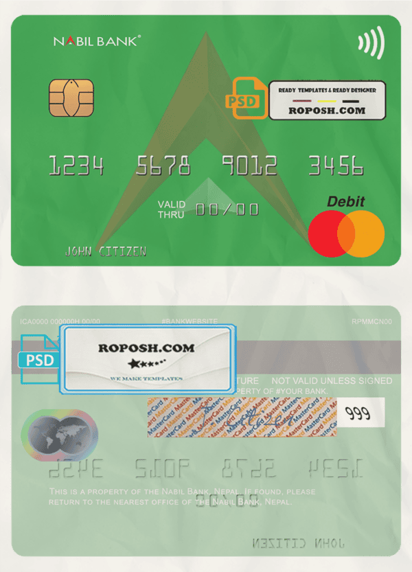 Nepal Nabil bank mastercard, fully editable template in PSD format