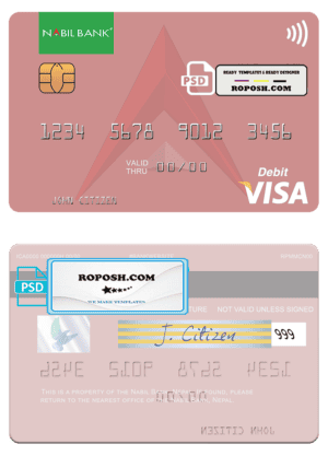 Nepal Nabil bank visa debit card, fully editable template in PSD format