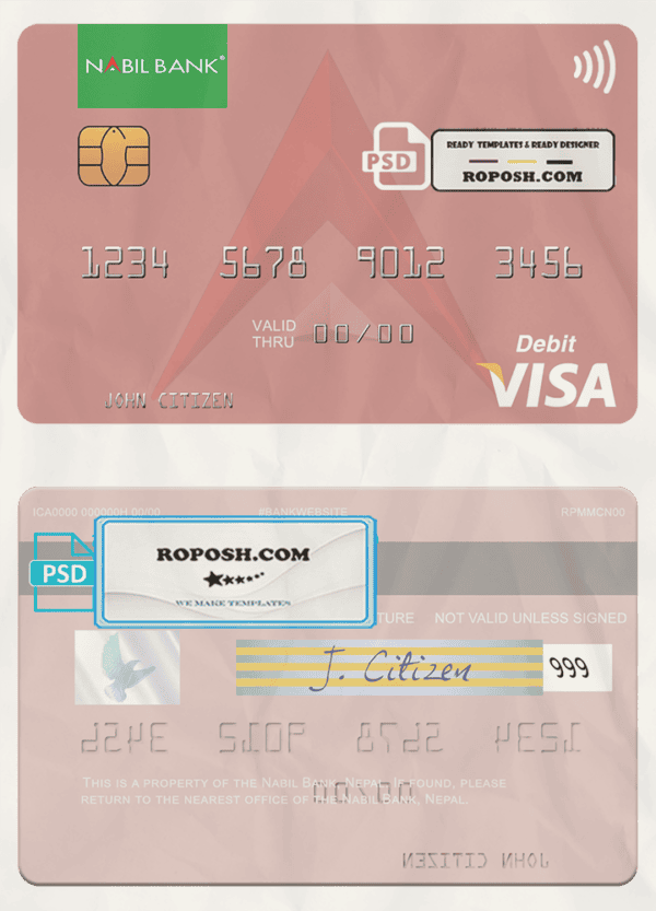 Nepal Nabil bank visa debit card, fully editable template in PSD format