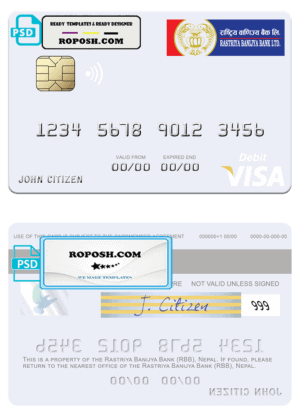 Nepal Rastriya Banijya Bank (RBB) visa debit card, fully editable template in PSD format