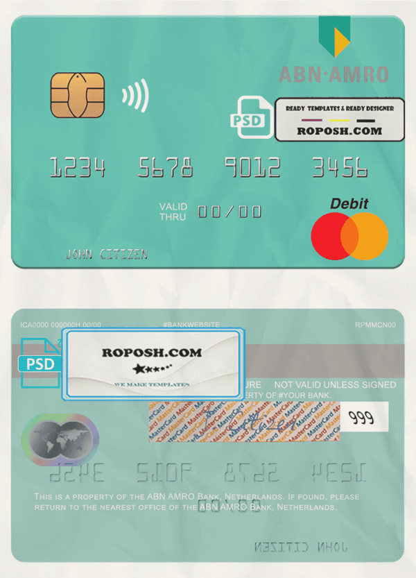 Netherlands ABN AMRO Bank mastercard credit card template in PSD format