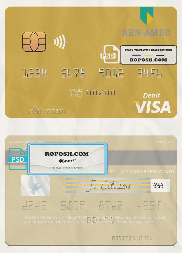 Netherlands ABN AMRO Bank visa debit card template in PSD format