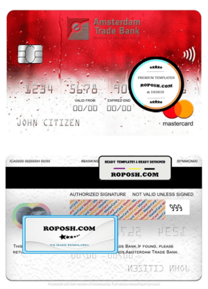 Netherlands Amsterdam Trade bank mastercard, fully editable template in PSD format