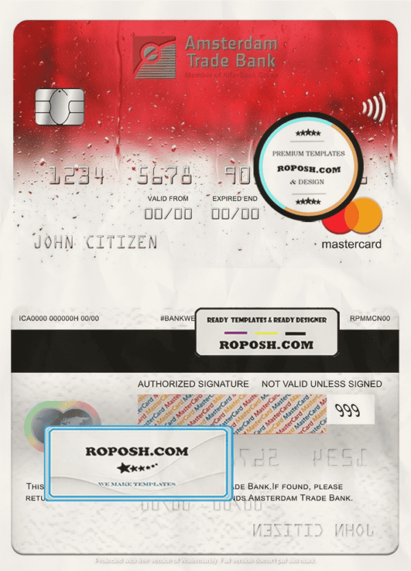 Netherlands Amsterdam Trade bank mastercard, fully editable template in PSD format