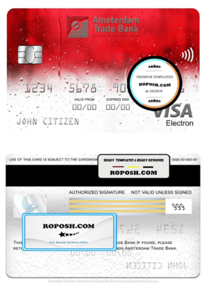 Netherlands Amsterdam Trade bank visa electron card, fully editable template in PSD format