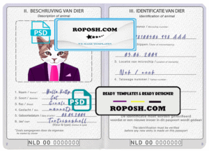 Netherlands cat (animal, pet) passport PSD template, fully editable