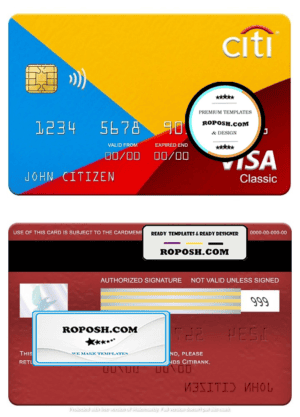 Netherlands Citibank visa classic card template in PSD format, fully editable