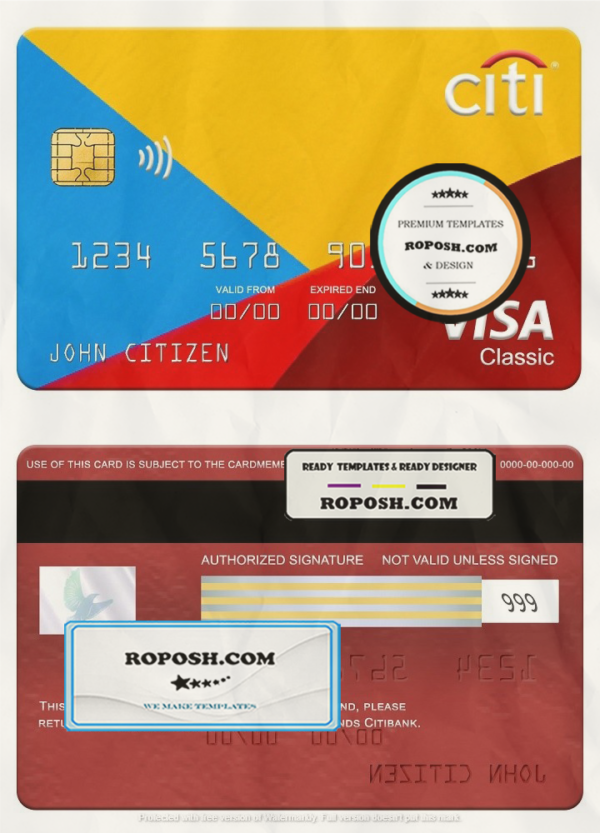 Netherlands Citibank visa classic card template in PSD format, fully editable scan effect