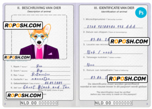 Netherlands dog (animal, pet) passport PSD template, fully editable
