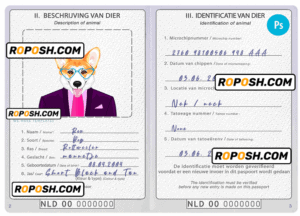 Netherlands dog (animal, pet) passport PSD template, fully editable