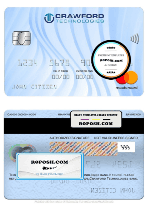 Netherlands (Holland) Crawford Technologies bank mastercard, fully editable template in PSD format