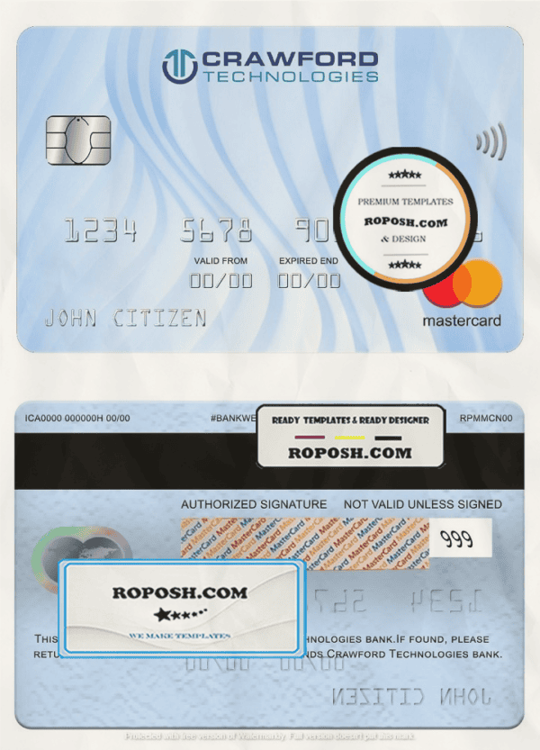 Netherlands (Holland) Crawford Technologies bank mastercard, fully editable template in PSD format