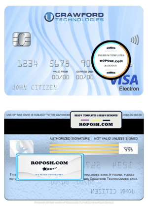 Netherlands (Holland) Crawford Technologies bank visa electron card, fully editable template in PSD format
