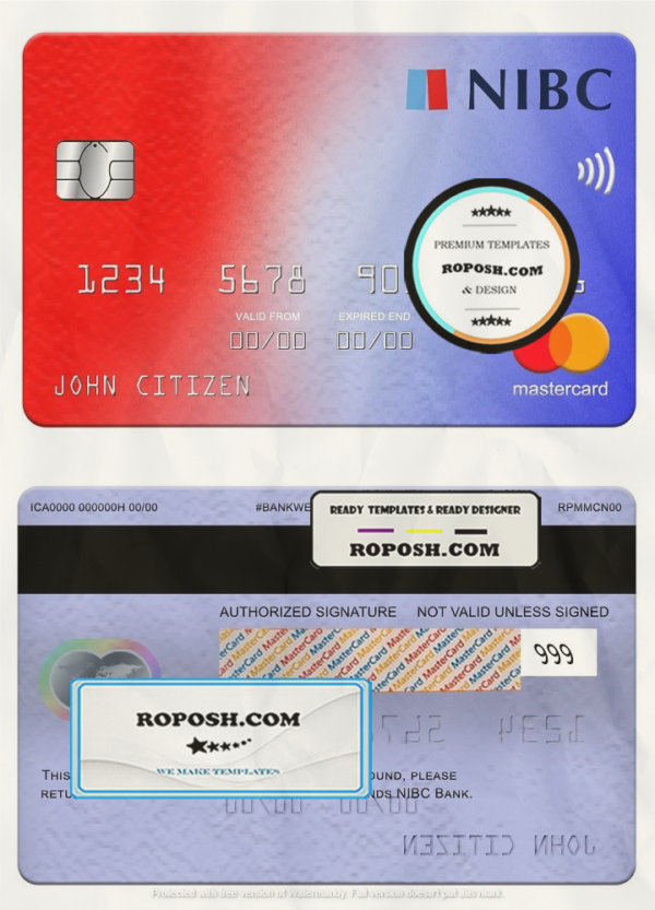 Netherlands NIBC bank mastercard, fully editable template in PSD format scan effect