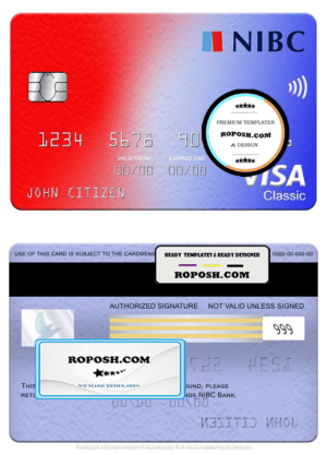 Netherlands NIBC bank visa classic card, fully editable template in PSD format