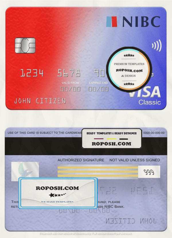 Netherlands NIBC bank visa classic card, fully editable template in PSD format