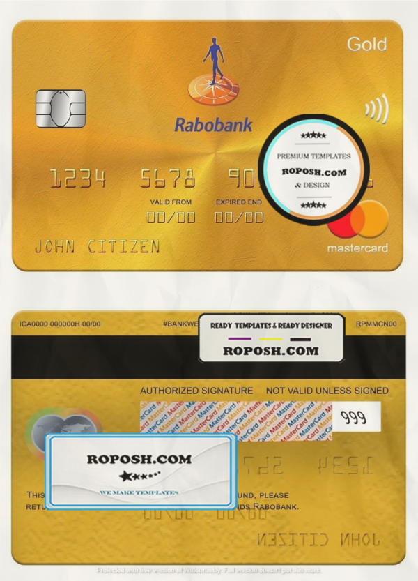 Netherlands Rabobank mastercard gold, fully editable template in PSD format scan effect
