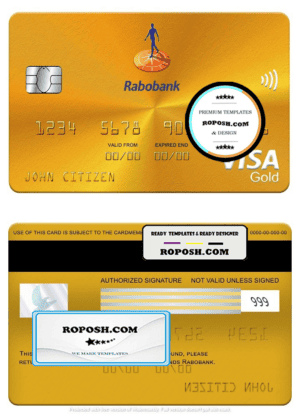 Netherlands Rabobank visa gold card, fully editable template in PSD format