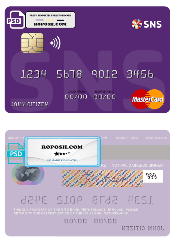 Netherlands SNS Bank mastercard credit card template in PSD format