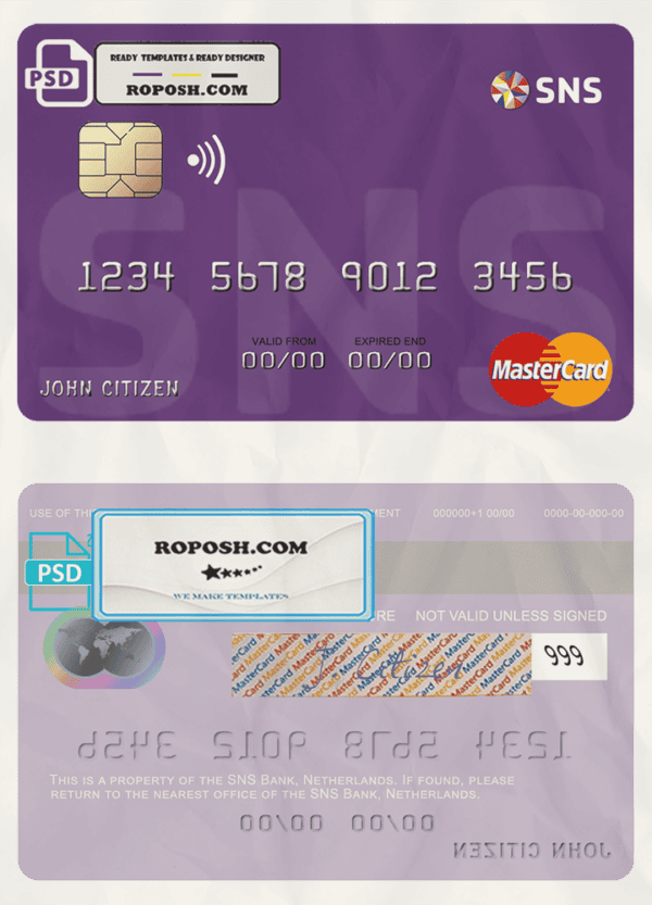 Netherlands SNS Bank mastercard credit card template in PSD format