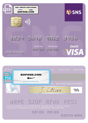 Netherlands SNS Bank visa debit card template in PSD format