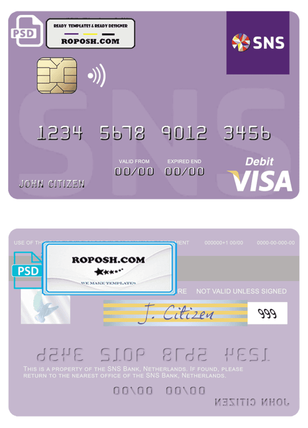 Netherlands SNS Bank visa debit card template in PSD format