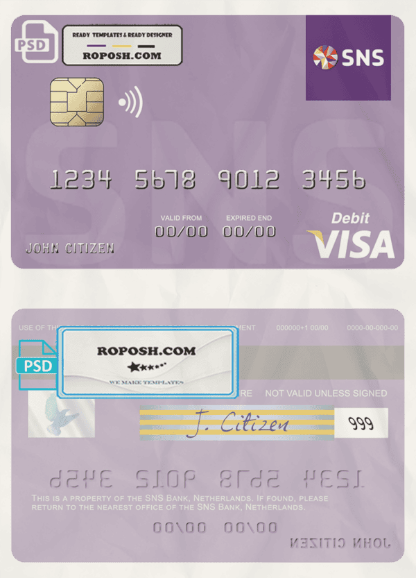 Netherlands SNS Bank visa debit card template in PSD format